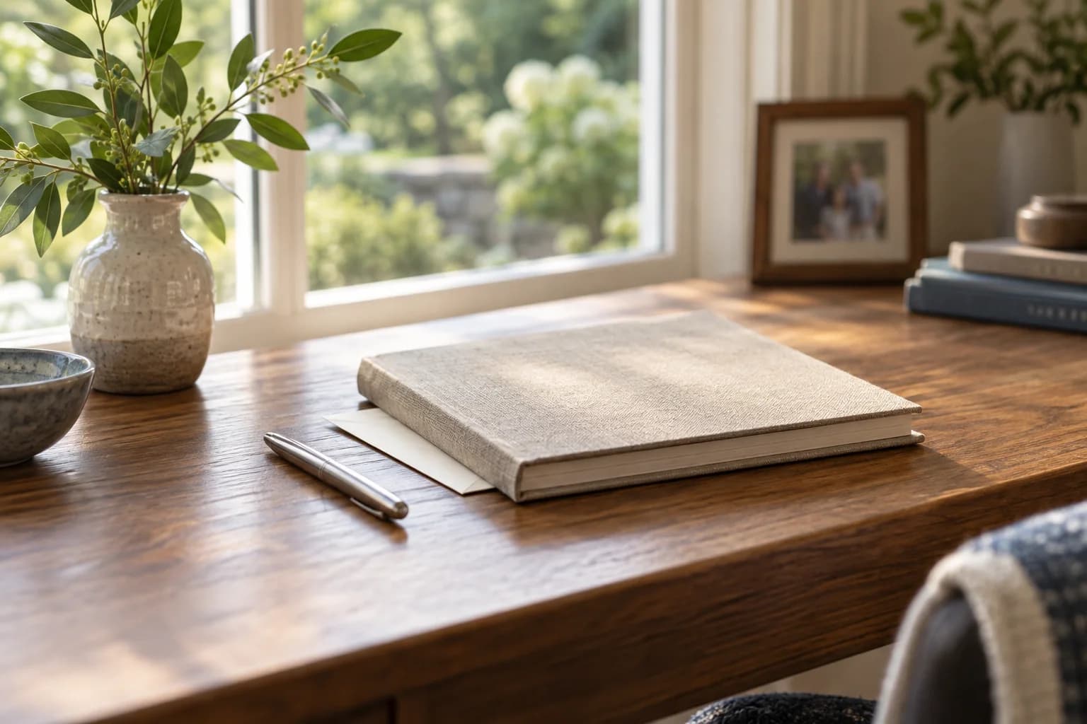 A linen folio, envelope and silver pen on an oak writing table overlooking a garden